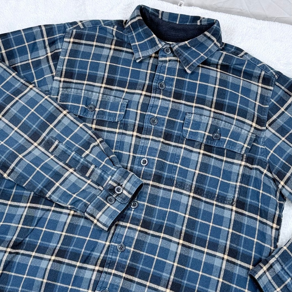 LL Bean Fleece Lined Flannel Shirt Men Medium Tall Blue Plaid Button Down 252749